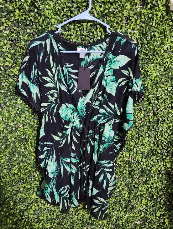 Old Navy Tops - Black Tropical Leaf V Neck Blouse Green Print